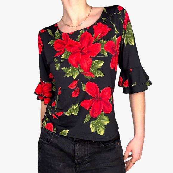 Black floral print ruffle sleeve red flowered boho work - Picture 1 of 8